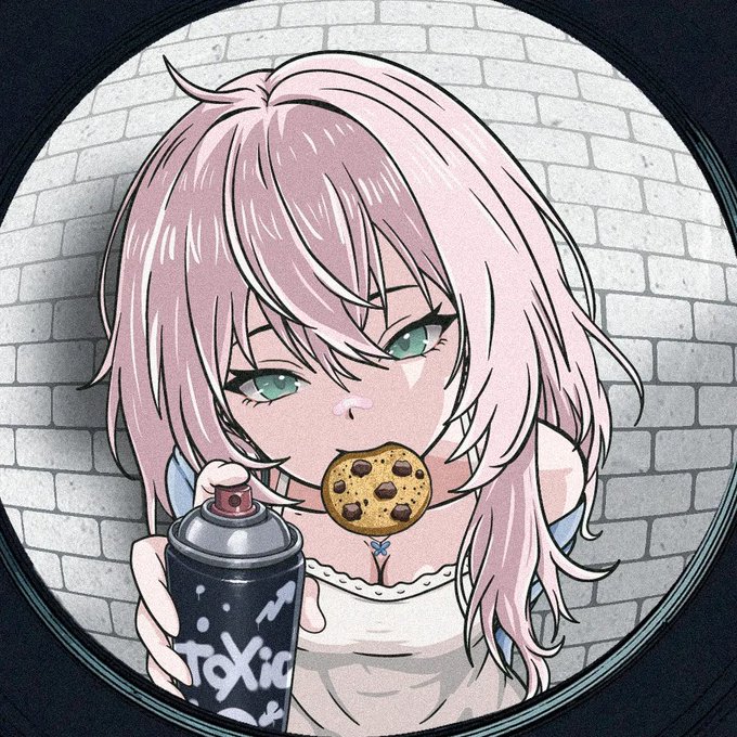 An anime-style illustration of a pink-haired girl with green eyes holding a cookie in her mouth and a spray can labeled 'Toxic' in her hand, viewed through a circular frame.