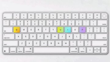 A white keyboard with the word 'Q W E R T Y U I O P' keys highlighted in yellow and pink to spell out 'QWERTYUIOP'.