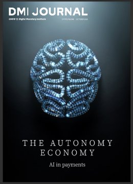 The cover of DMI Journal (October 2025, Volume 25), titled 'THE AUTONOMY ECONOMY: AI in payments,' featuring a 3D brain illustration composed of circuit board patterns.