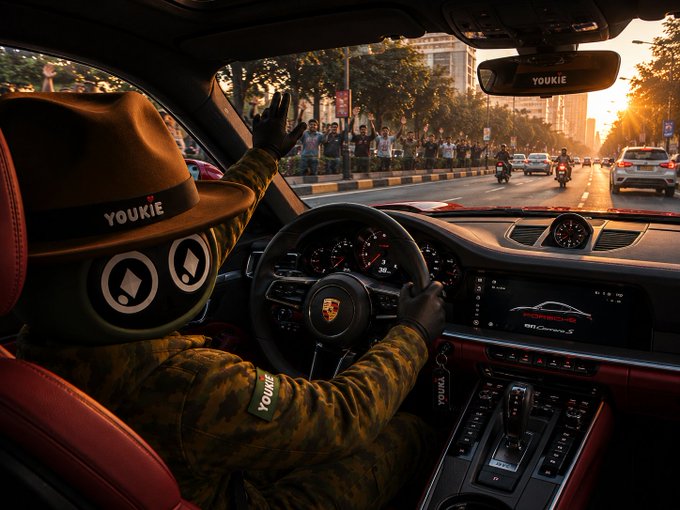 The image features a man wearing a hat, driving a car with the words "Youkie" written on his head. He appears to be waving at someone outside of the vehicle. The scene takes place during sunset, adding a warm glow to the atmosphere. The caption provided in the image suggests that the success of this protocol isn't determined by how many people join on day one; it's determined by how many remain engaged months later. This implies that the car-sharing service has been successful in attracting and retaining users over time.