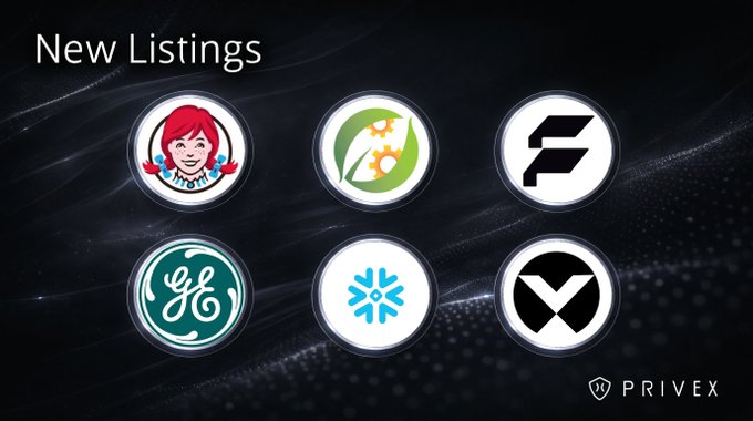The image displays "New Listings" with six circular icons featuring logos, including Wendy's, a sun/leaf design, a stylized "F," General Electric, a snowflake, and a black-and-white geometric symbol, with the Privex logo in the bottom right. It highlights Privex's new trading pairs on COTI Network's perpetuals, showcasing both crypto and traditional finance (TradFi) brand tokens available for trading.