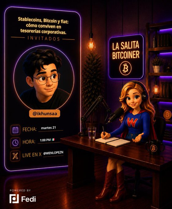 A promotional poster for 'La Salita Bitcoiner' featuring a cartoon Wonder Woman-style character at a desk, inviting guests to discuss stablecoins, Bitcoin and fiat, scheduled for Tuesday the 21st at 1:00 PM, powered by Fedi.