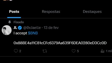 A Twitter post from @0xJae11e reads 'I accept $BNB' followed by a wallet address string starting with '0x88BE4a11C81cFC6379Aa639F6DEA0280eD3Cc0D'.