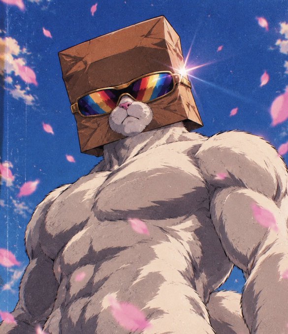 An illustrated muscular cat-like character wearing a paper bag with rainbow sunglasses, surrounded by falling pink petals.