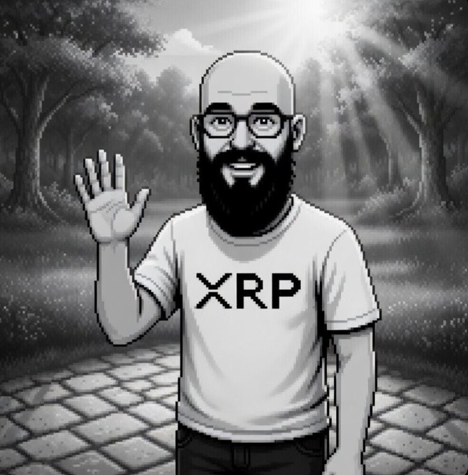 A bald, bearded man wearing an "XRP" t-shirt waves cheerfully from a sunlit park path, embodying the optimistic "Good morning!" greeting in the post. The XRP branding directly ties to the ticker mentioned, while his friendly wave mirrors the "Let's go!" rallying spirit for the crypto community heading into the Clarity Act deadline.