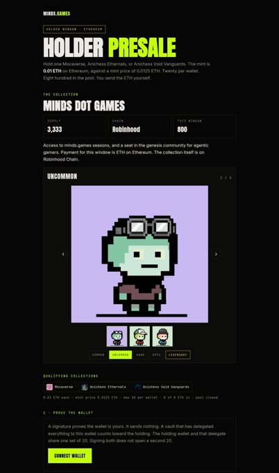 A 'Holder Presale' page for MINDS GAMES featuring a pixelated zombie character NFT collection on Ethereum, with supply of 3,333, chain Robinhood, total minted 800, and a mint price of 0.0125 ETH, showing rarety tiers including common, uncommon, rare, epic, and legendary.