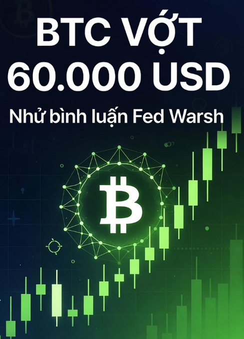 A promotional graphic with bold white text on a dark background announcing 'BTC VỘT 60.000 USD - Nhờ bình luận Fed Warsh' (BTC surges past $60,000 thanks to Fed Warsh comments), featuring a green Bitcoin logo and candlestick chart imagery.