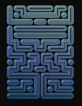 The image features a captivating black and blue maze-like pattern, composed of various curved lines creating intricate designs and pathways that lead the viewer's eye around the scene. The maze appears to be composed using blue dots arranged in different shapes and sizes, adding complexity to the overall design. The composition draws attention to the artistry involved in creating such a visually appealing layout. This image is likely related to the post by @greyblok, who posted this intriguing artwork on their social media platforms.