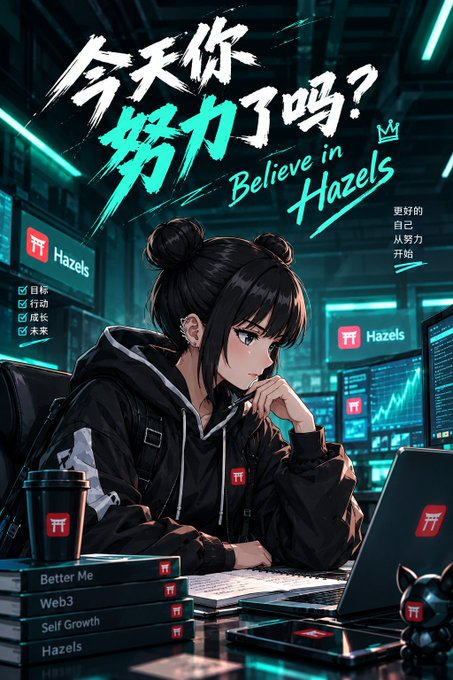 An anime-style girl in a dark hoodie sits at a laptop in a neon-lit workspace, surrounded by "Hazels" branding and motivational text including "今天你努力了吗?" (Did you work hard today?) and "Believe in Hazels," with stacked books labeled "Better Me," "Web3," "Self Growth," and "Hazels" on the desk. The image visually reinforces the post's theme of disciplined community-building, as its aspirational, exclusive tone about "Academy" entry requirements mirrors the poster's depiction of elite, achievement-oriented spaces like Hazels.