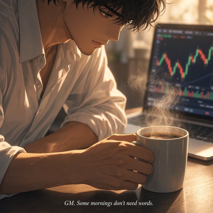 An anime-style illustration of a young man with dark hair holding a steaming coffee mug while looking at a laptop displaying a stock chart, with text reading 'GM. Some mornings don't need words.'
