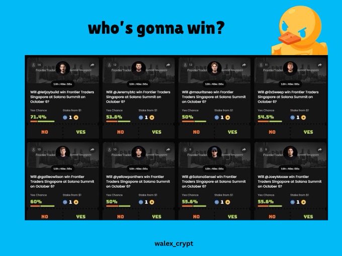 A graphic titled 'who's gonna win?' shows eight prediction market cards for 'Frontier Traders Singapore at Solana Summit on October 6?' with various 'Yes' chances (ranging from 50% to 71.4%) attributed to users like '@sielyqbuild' and '@marouaneo', credited to 'walex_crypt'.