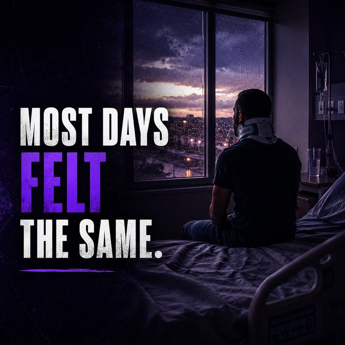 The image shows a man sitting alone in bed with his head propped up, wearing a neck brace. The text "Most days felt like the same." suggests that he has been going through a difficult time or experiencing a period of emotional distress. This could be due to an injury, illness, or other challenging circumstances. The post encourages the viewer to focus on what they can build and become stronger from their experiences, rather than dwelling on the negative aspects.