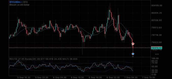 A candlestick chart titled "BTCUSDm" shows Bitcoin versus US Dollar prices dropping sharply, with an RSI indicator below the main price graph.