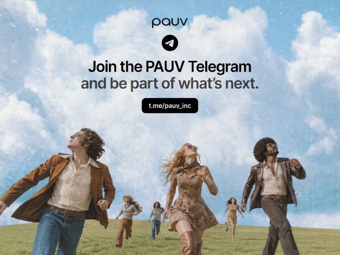 An advertisement for PAUV Telegram showing people running joyfully across a field, with text reading 'Join the PAUV Telegram and be part of what's next.' and a link to 't.me/pauv_inc'.