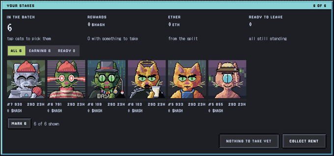 A screenshot of a web interface titled 'YOUR STAKES' showing 6 pixel-art cat NFTs in a batch with options including 'MARK 6', 'NOTHING TO TAKE YET', and 'COLLECT RENT'.