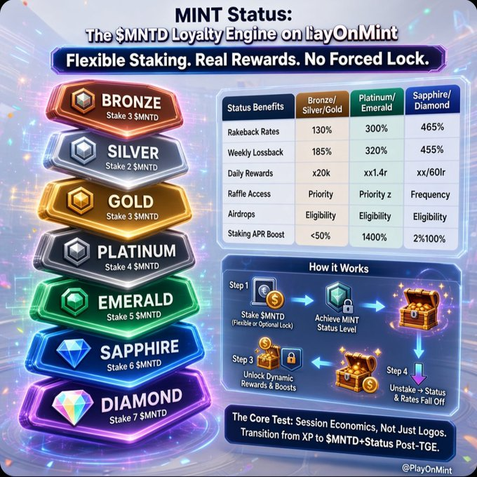 An infographic titled 'MINT Status: The $MNTD Loyalty Engine on PlayOnMint' outlines flexible staking tiers from Bronze to Diamond, detailing benefits like rakeback rates up to 465% and staking APR boosts.