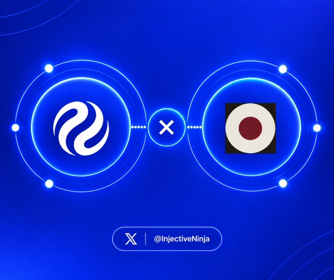 Blue graphic showing two cryptocurrency logos connected by an X symbol, with the Injective logo on the left and what appears to be a token logo on the right, credited to @InjectiveNinja.