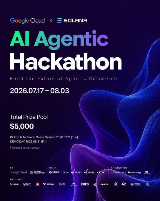 A promotional poster for the "AI Agentic Hackathon" co-hosted by Google Cloud and Solana, running from July 17 to August 3, 2026, at Google Startup Campus with a $5,000 total prize pool. The poster features branding from Google Cloud and the Solana Foundation alongside the tagline "Build the Future of Agentic Commerce," directly tying into the announcement of the hackathon's focus on developing AI agents capable of autonomous crypto payments.