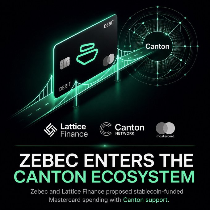 A graphic showing a glowing green debit card bridge connecting to the Canton Network logo, with the headline "ZEBEC ENTERS THE CANTON ECOSYSTEM" and logos for Lattice Finance, Canton Network, and Mastercard. The subtext reads: "Zebec and Lattice Finance proposed stablecoin-funded Mastercard spending with Canton support."