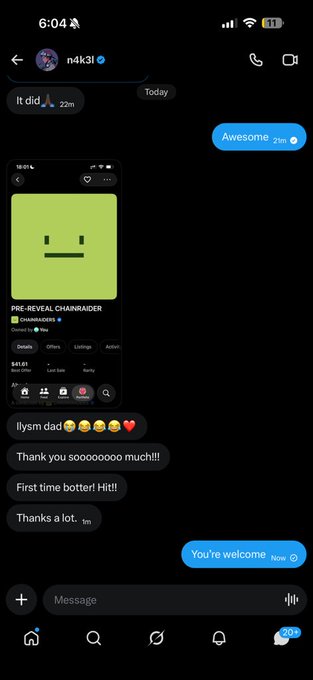 An Instagram DM conversation where "n4k3l" shares a pre-reveal ChainRaiders NFT (showing a simple green smiley face) and replies "You're welcome" after the sender excitedly thanks them for a first-time botter hit, relating to the "Chain raiders fcfs" post about free claim distribution.