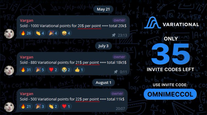 A promotional image for 'VARIATIONAL' featuring Discord messages from 'Vargan' selling Variational points, stating 'ONLY 35 INVITE CODES LEFT' and an invite code 'OMNIMECCOL' displayed on a mathematical formulas background.