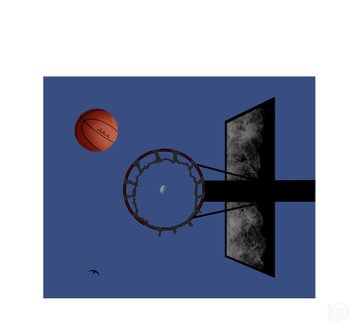 A basketball going through a hoop against a blue sky, with a small bird flying nearby.