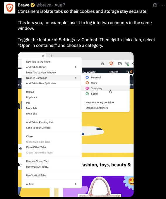 A tweet from Brave (@brave, Aug 7) explains how containers isolate tabs, showing a screenshot of the 'Open in container' menu with Personal, Work, Shopping, and Social options.