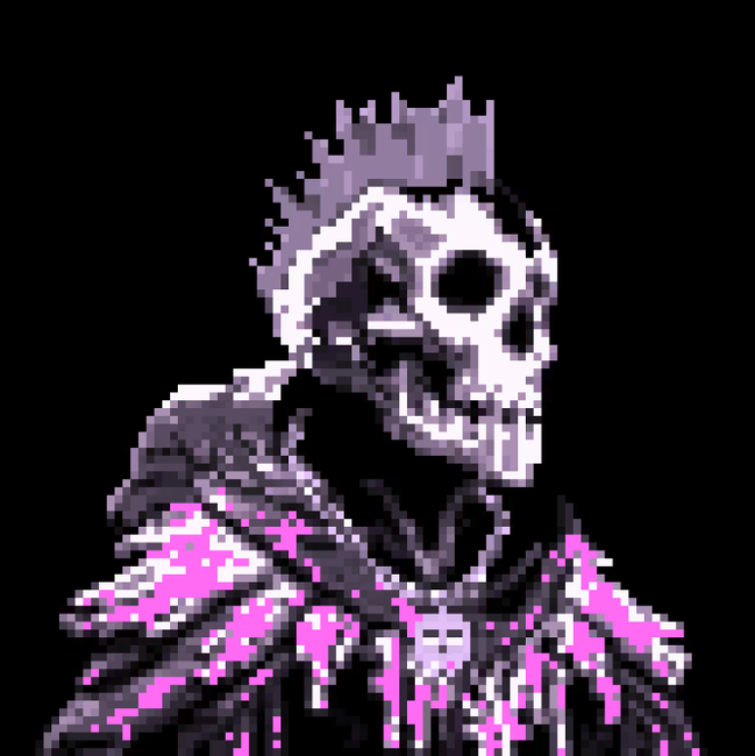 A pixelated undead figure with a purple mohawk wears a pink-illuminated hoodie. The skeletal character visually embodies the "doomsayer" theme of the @DoomsayersNFT project referenced in the caption.