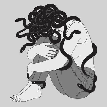 A black and white illustration shows a person crouching with their knees pulled to their chest, their head replaced by a mass of writhing snakes.