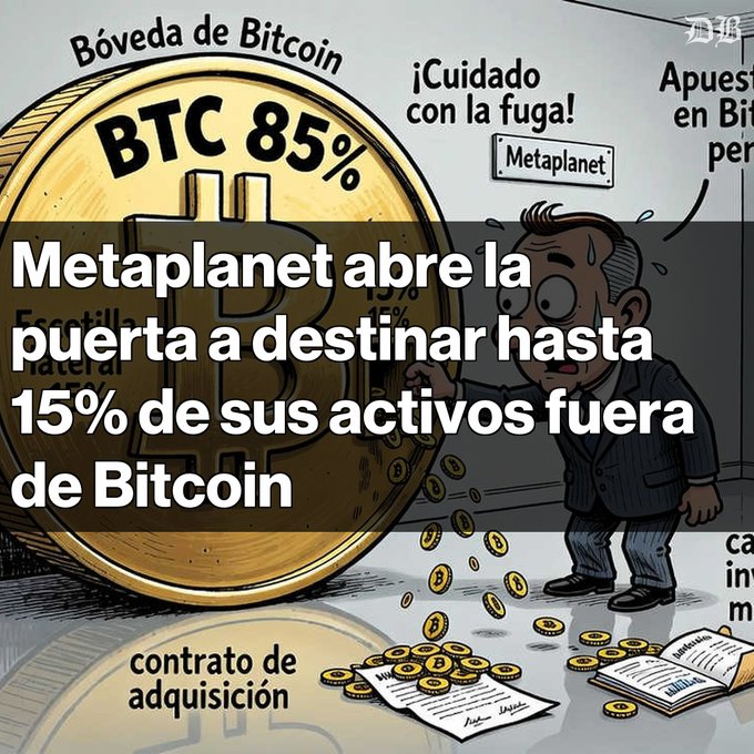 A Spanish-language crypto news illustration showing a worried businessman next to a large Bitcoin coin labeled 'BTC 85%' with headline text: 'Metaplanet abre la puerta a destinar hasta 15% de sus activos fuera de Bitcoin'.
