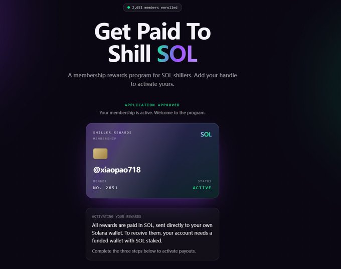 The image features a post that contains an advertisement for a payment processor called Shill Sol or ShareSol, which is related to the main title "Get Paid To Shill Sol" being displayed at the top of the screen. The post also talks about investing in Solana and how one can get paid by buying shares on this cryptocurrency platform.