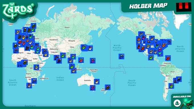 A 'Zards Holder Map' world map showing the global distribution of Zards NFT holders with character icons clustered across multiple continents.