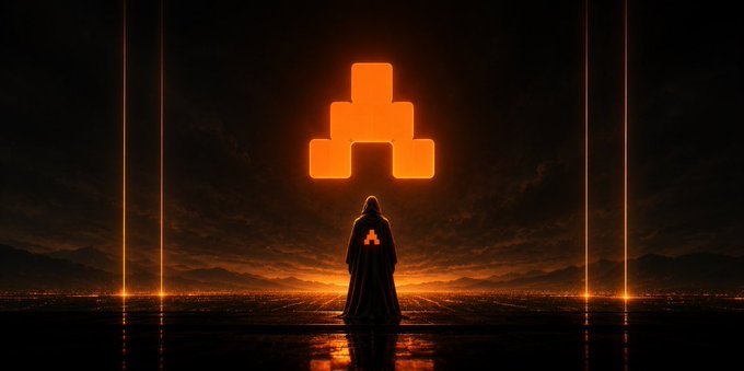 A hooded figure faces a glowing orange logo resembling interconnected squares, with vertical light beams illuminating a dark landscape.