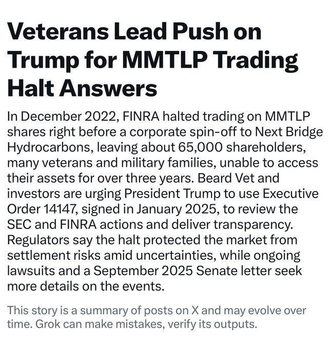 An article titled 'Veterans Lead Push on Trump for MMTLP Trading Halt Answers,' summarizing the December 2022 FINRA halt on MMTLP shares and urging Executive Order 14147 for transparency.