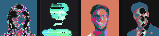 Four pixel-art style portraits displayed side by side against different colored backgrounds, showing distorted or glitched representations of human faces.