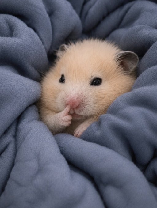 Close-up photo of an adorable cream-colored baby hamster nestled in a soft gray blanket, with its tiny paw raised to its mouth.