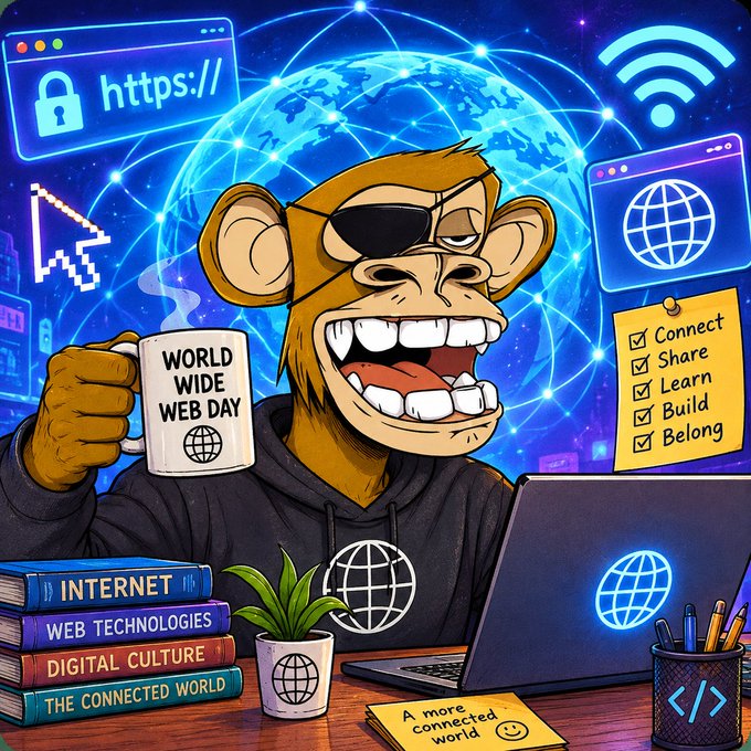 A cartoon monkey wearing an eyepatch holds a mug reading 'WORLD WIDE WEB DAY' while sitting at a desk with a laptop. Surrounding elements include a 'https://' lock icon, a Wi-Fi symbol, a checklist with 'Connect, Share, Learn, Build, Belong,' and books titled 'INTERNET, WEB TECHNOLOGIES, DIGITAL CULTURE, THE CONNECTED WORLD.'