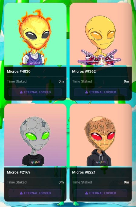 Four NFT character cards from the Micros collection (#4830, #9362, #2169, #8221), all marked as 'ETERNAL LOCKED' with 0m time staked.