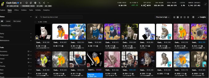 A screenshot of the "Cash Cats" NFT collection on OpenSea shows numerous cat-themed digital artworks listed with prices ranging from approximately 0.30 ETH to 0.4 ETH, with floor prices and volume metrics displayed at the top. The image supports the caption by visually confirming that the user's CashCat NFT, once purchased for very little, is now valued around 0.3 ETH as shown by the current listings in the marketplace.