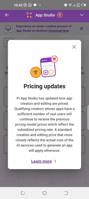 A Pi App Studio pricing update notification explaining that creators with sufficient real users can still access subsidized pricing, while others will pay a standard rate reflecting AI service costs. This aligns with the post's message about Pi efficiently directing subsidies toward creators building useful apps with genuine user engagement.