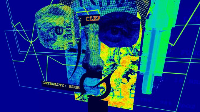 A chaotic, high-contrast collage in neon blue, yellow, and green featuring a fragmented face, geometric shapes, and pieces of text including "CLEA" and "INTEGRITY: HIGH."