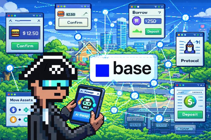 A colorful pixel-art crypto illustration featuring a 'base' branded character using an 'AI SWAP' app, surrounded by DeFi UI panels for borrowing, deposits, and asset transfers.