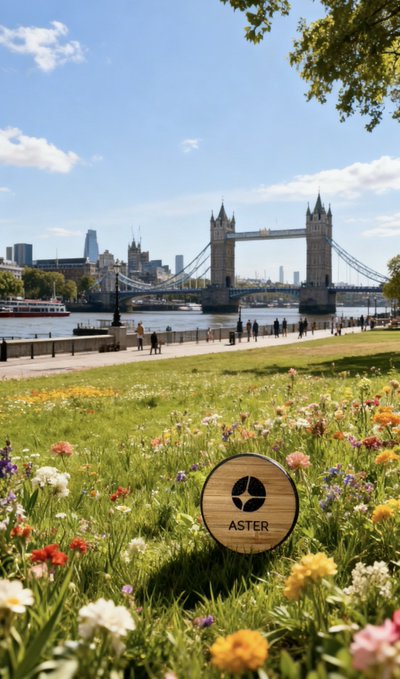 A scenic view of London's Tower Bridge with the city skyline in the background, framed by a foreground meadow of wildflowers and a circular 'ASTER' logo plaque.