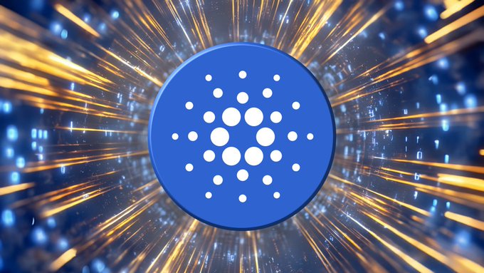 A blue circular Cardano (ADA) logo set against a dynamic background of radiating orange and blue light streaks with binary code.