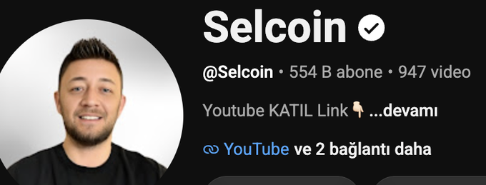 A profile banner displays the "Selcoin" YouTube channel with a verified checkmark, showing 554B subscribers and 947 videos, alongside a "YouTube KATIL Link" and a headshot of a smiling man. The image promotes the creator's 947th video reviewing financial markets, matching the post announcing this milestone upload.
