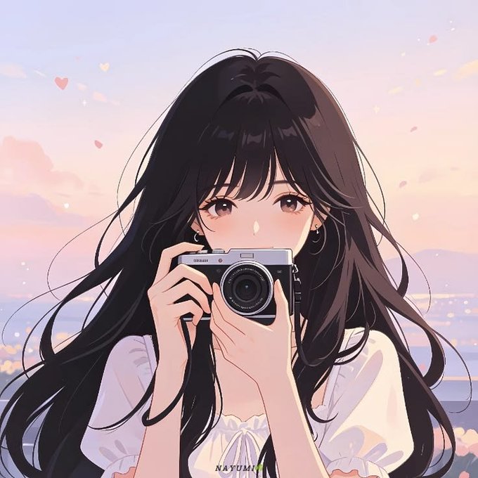 An anime-style illustration of a girl with long dark hair holding a camera in front of her face, with a sunset sky and floating hearts in the background, signed 'NAYUMI' at the bottom.