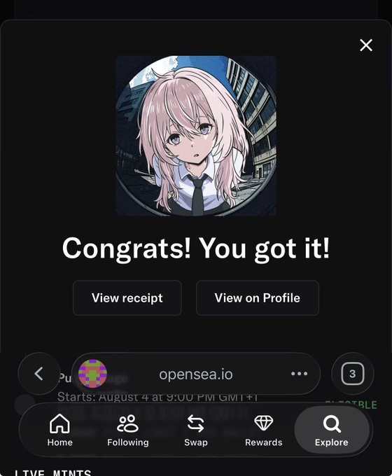 A mobile app screen displays "Congrats! You got it!" beneath an anime-style portrait of a pink-haired girl in a school uniform, with "View receipt" and "View on Profile" buttons, alongside the username "momoyumemi" on opensea.io. The image confirms the user's successful minting of the @momoyumemi NFT as mentioned in the post.