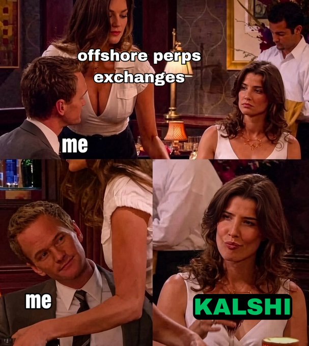 The image is a meme using two frames from the TV show *How I Met Your Mother*, showing Barney labeled "me" looking admiringly at Robin labeled "offshore perps exchanges," then Robin is replaced by "KALSHI" in the second frame, suggesting the man has shifted his attention to Kalshi instead. The accompanying post promotes Kalshi as a legal, US-regulated alternative to offshore perpetual futures exchanges, offering up to 6.1x leverage on BTC and crypto with a $25 bonus for trading $50+.