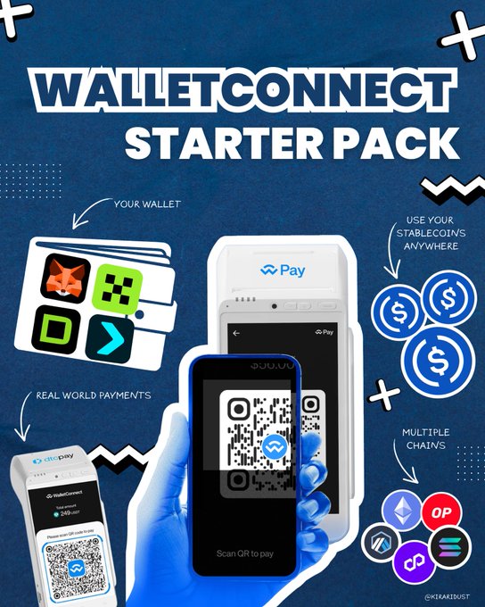 A 'WALLETCONNECT STARTER PACK' graphic by @TIRARI0UST showcasing features like multi-chain support, real-world payments, stablecoin usage, and QR code scanning on devices.