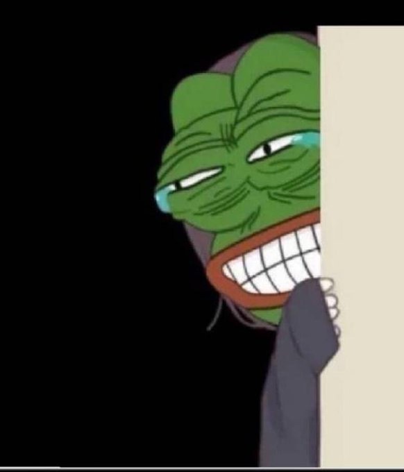 A cartoon depiction of a green frog-like character peeking from behind a wall, crying tears of joy or relief while grinning widely.